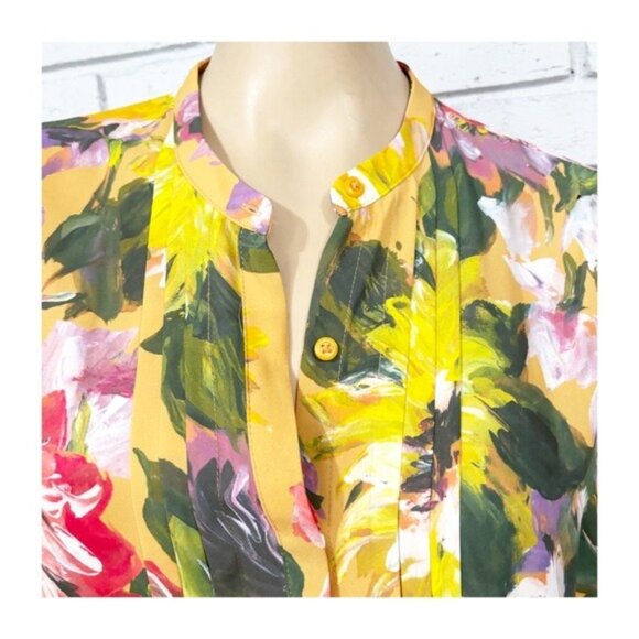 Express Women’s Floral Button-Down Shirt Yellow Blouse Size Large Long Sleeve - Picture 2 of 6